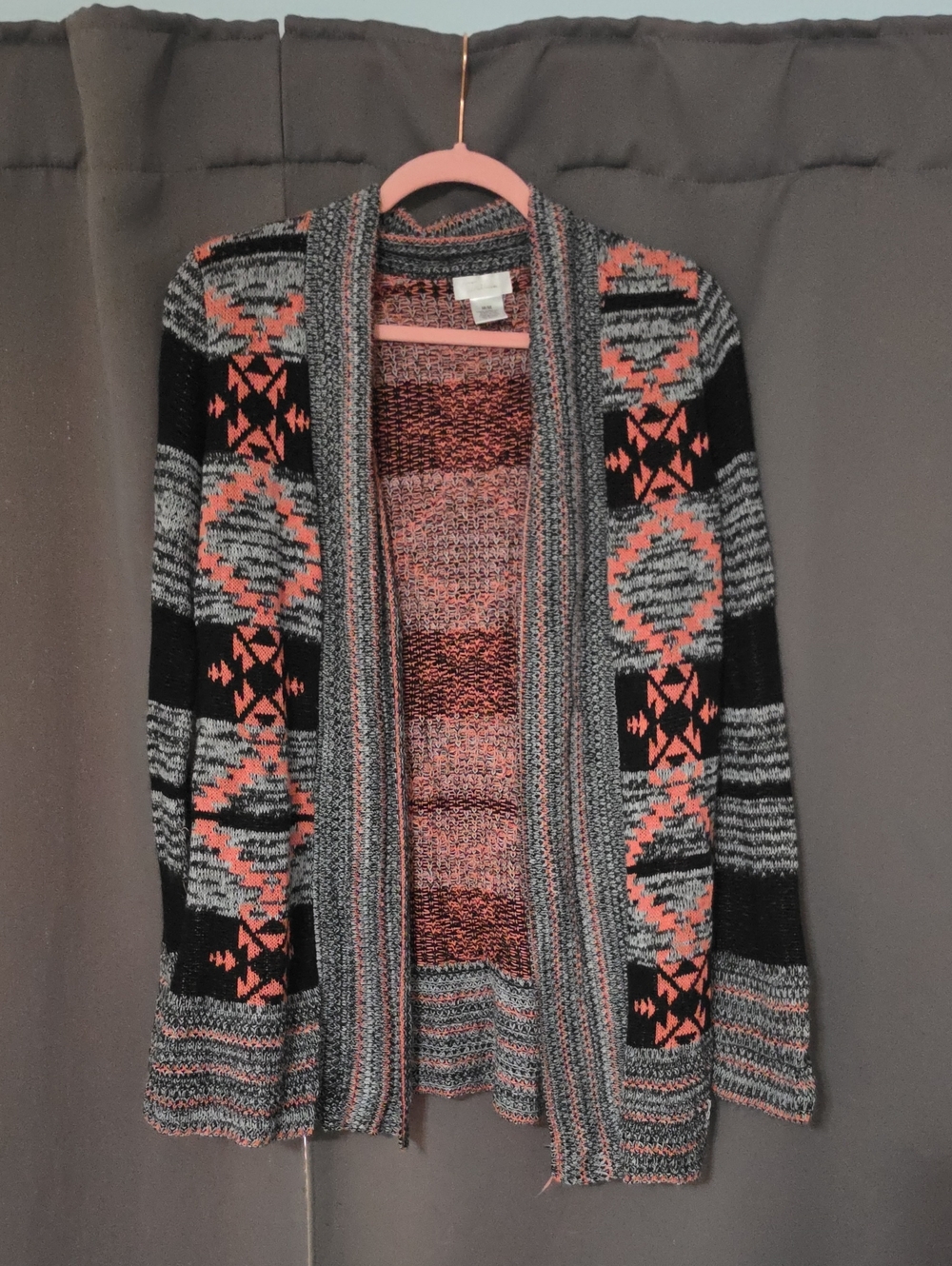 Trillium Black & Coral Open-Front Geometric Knit Cardigan